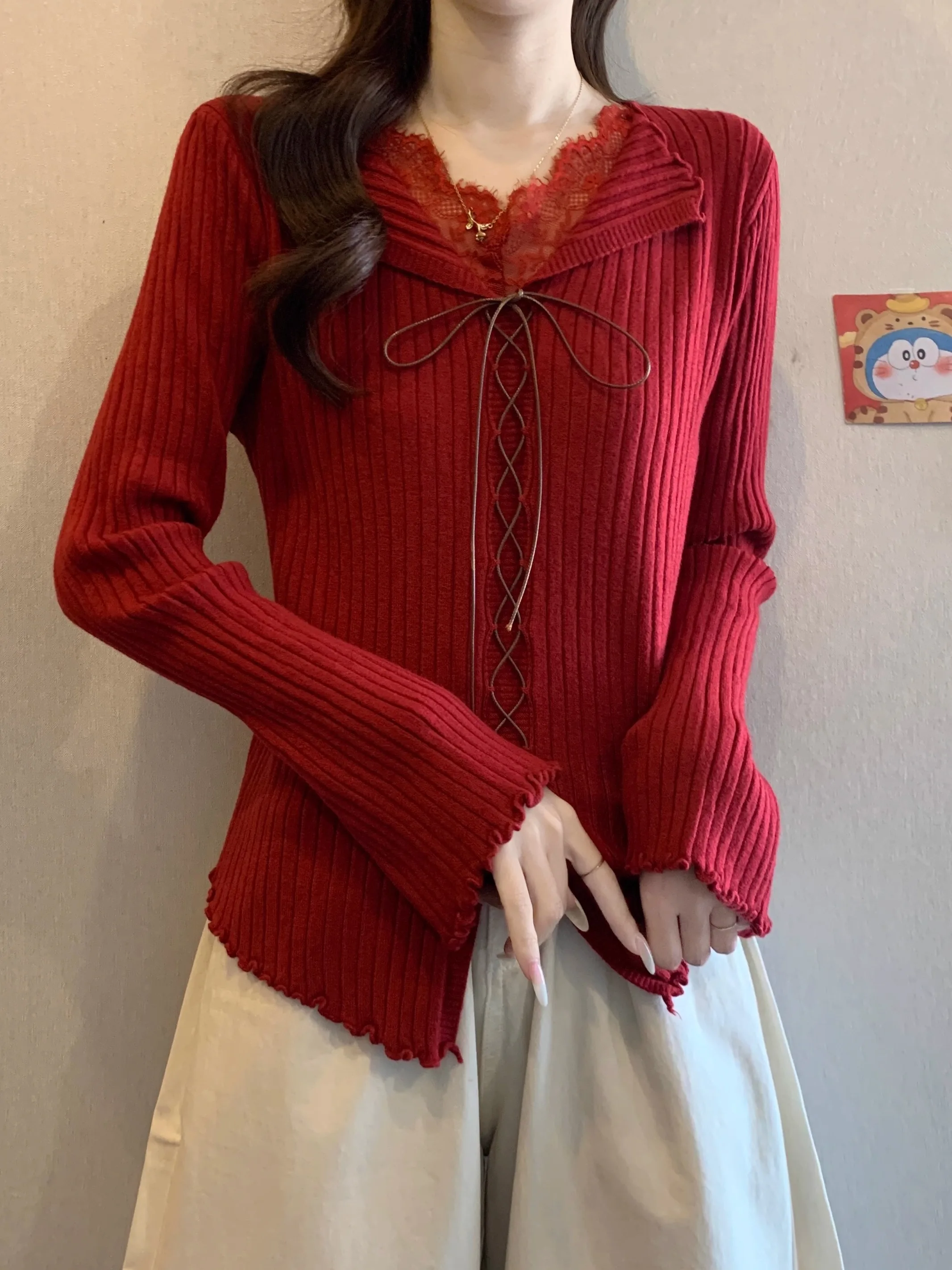 

Красный кружевной длинный свековый вязаный свитер, женский облегающий зимний топ, уменьшающая возраст, основа irt, корейский Sle V-ne Regular Sve