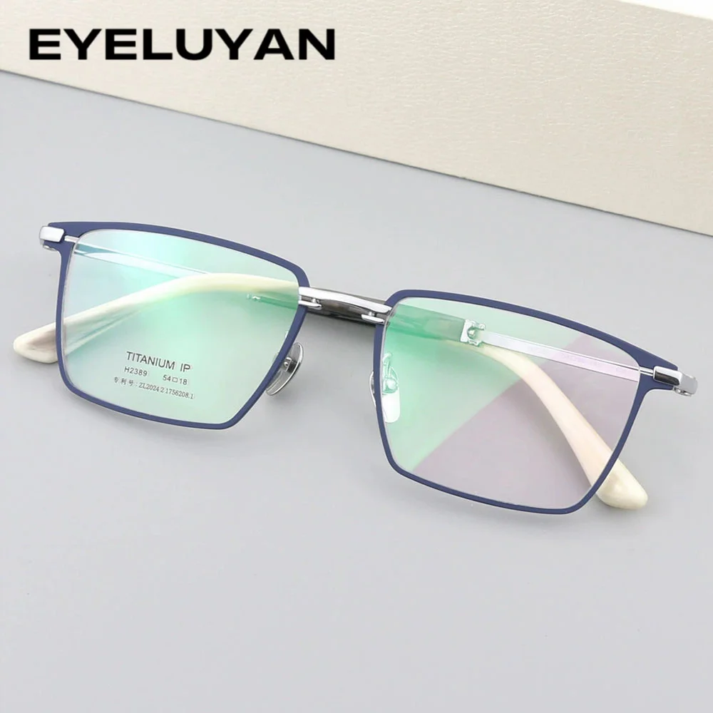 EYELUYAN Optical Prescription Glasses Men Pure Titanium Frame Natural Buffalo Horn Temples Square Myopia Progressive Eyeglasses