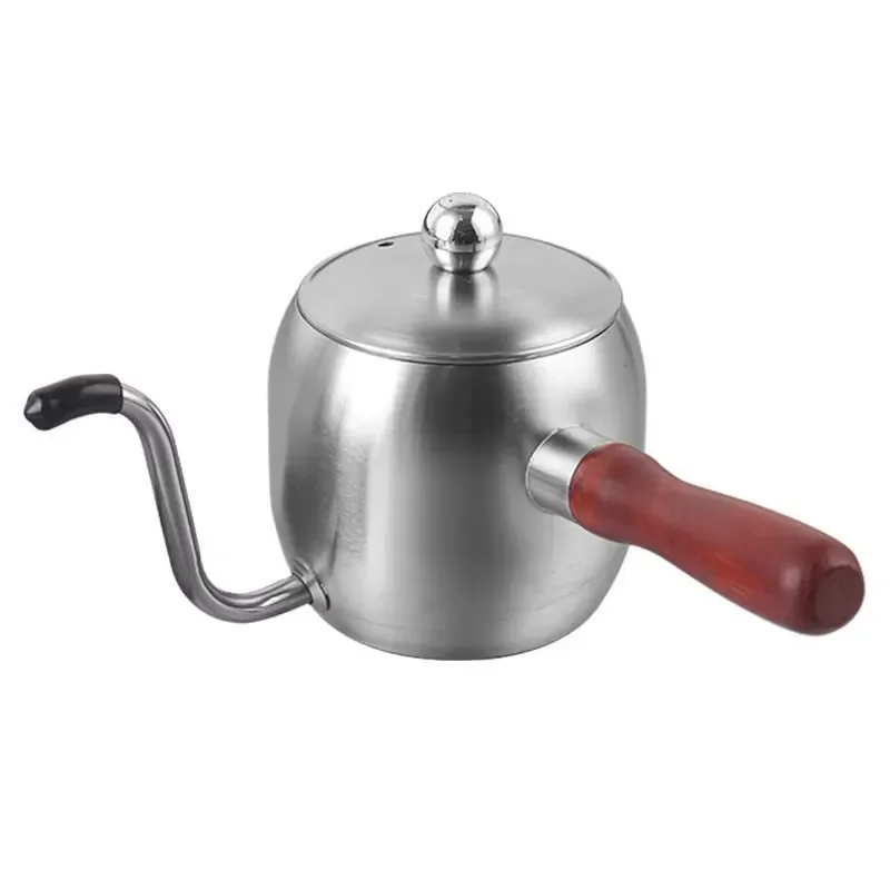 Stainless Steel Coffee Hand Brewing Pot Long Mouth Nozzle Outdoor Teapot Boiled Milk Cup with Wooden Handle