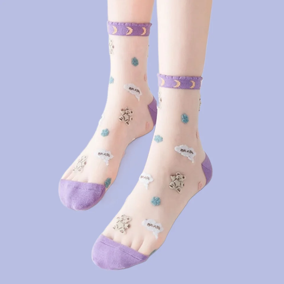 3 Pairs Women's Crystal Stockings Thin Transparent Korean Style Mid-Tube Summer Breathable Anti-Snatch New Thin Socks 2024 Socks