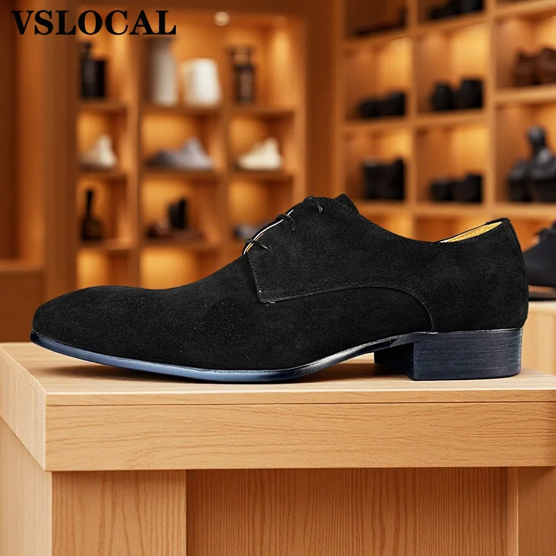 Mens Genuine Leather Shoes Suede Black Coffee Casual Men Dress Shoes Lace up Wedding Business Luxury Derby Shoes For Men
