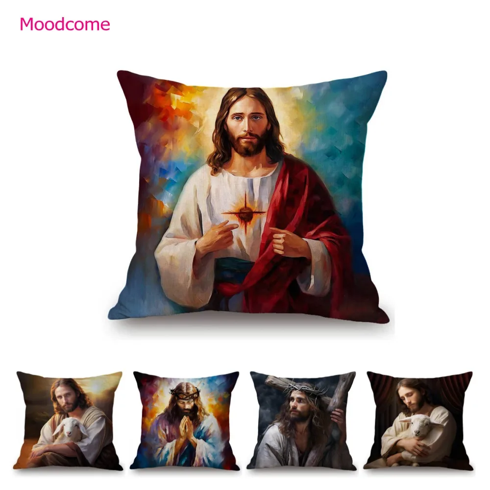 The Bible Story Jesus Christ Portrait Christian Worship Home Decoration Art Cotton Linen Throw Pillow Case Car Cushion Cover