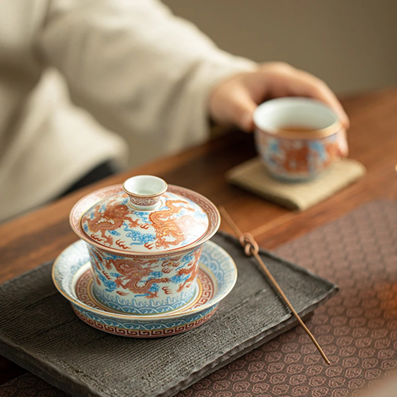 Chinese Handmade Dragon Pattern Gaiwan Ceramic Tea Tureen Portable Porcelain Tea Bowl Master Teacup Teaware Tea Ceremony Gifts