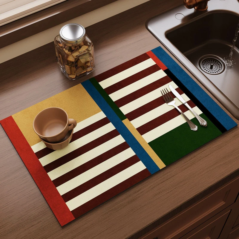 VIKAMA Kitchen Drain Mat Geometric Patchwork Stripe Colorful Kitchen Counter Mat Highly Absorbent Fast Drying Anti Skid Flexible