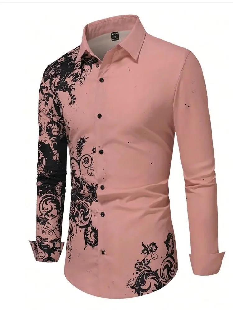 

3D Printed Long Sve irt Men's Stand Fit Casual Summer Faion Printed Lapel Upper Apparel European Simple Sle