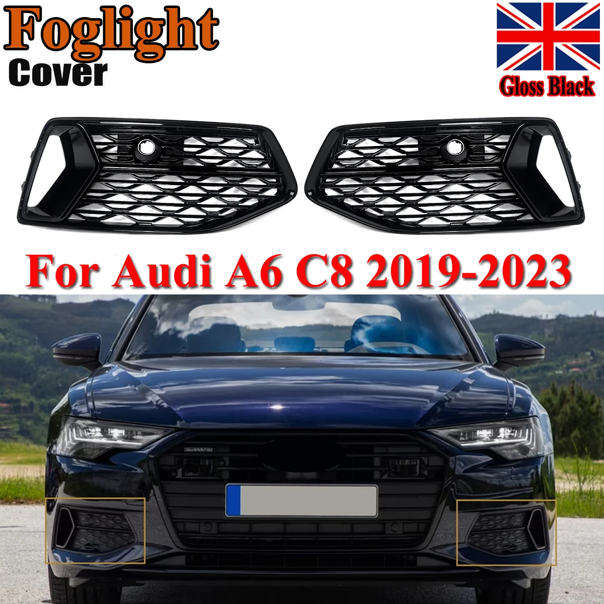 Front Bumper Fog Light Grille For Audi A6 C8 RS6 Style 2019 2020 2021 2022 2023 Replace for 4K0807647D Grill Black Plastic