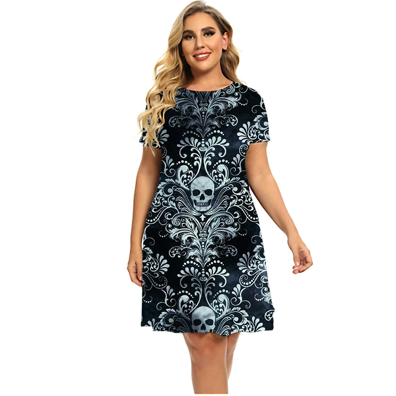 Fashion Gothic Style Terror White Skulls Dresses Women Bohemian Pattern 3D Print Dress Short Sleeve Loose Plus Size Clothing 6XL