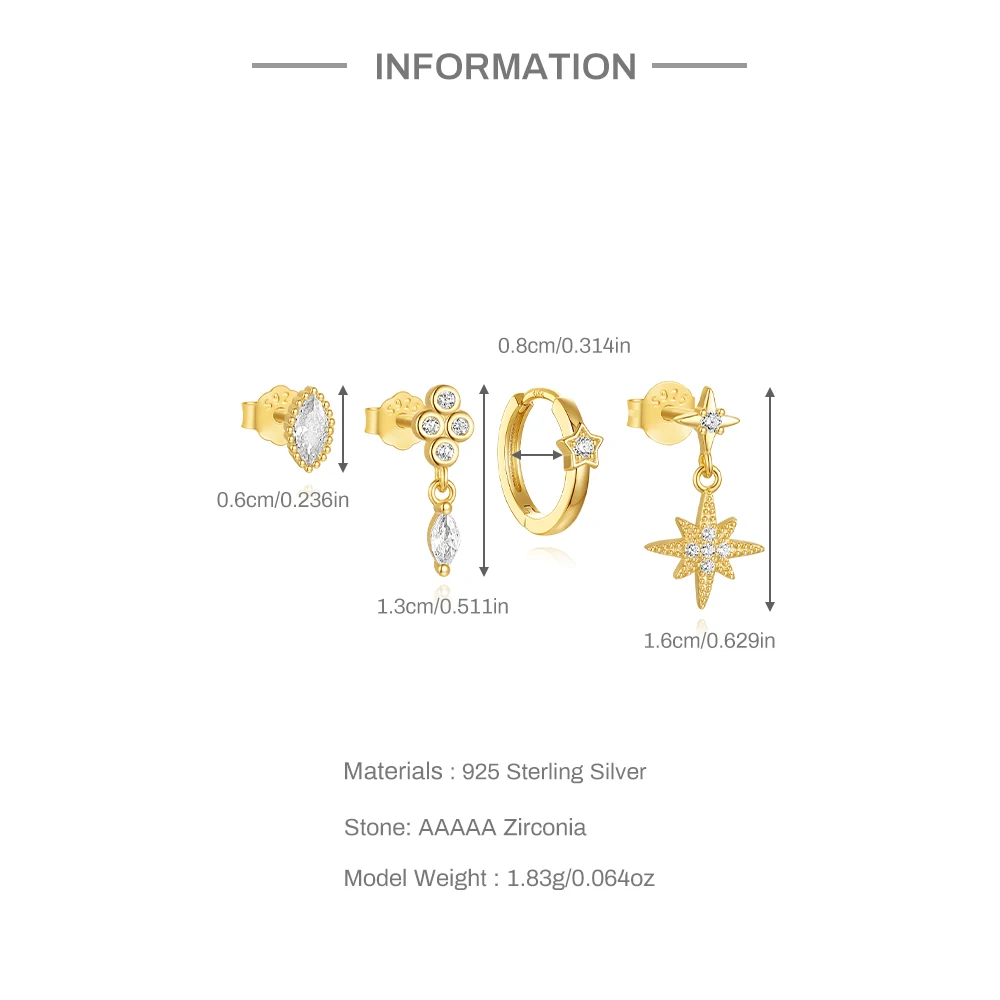 Aide 925 Sterling Silver Earrings Set For Women Girls 4PCS /Set Bling Zircon Piercing Ear Buckles Fashion Collocation Pendientes