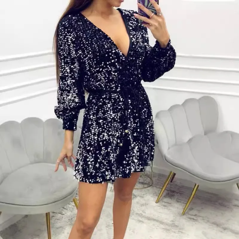 Fashion Glitter paillettes Sharkly Party Dress Womens Sexy Wrap scollo a V Lace-up Mini abito autunno inverno manica lunga a-line Boho Dress