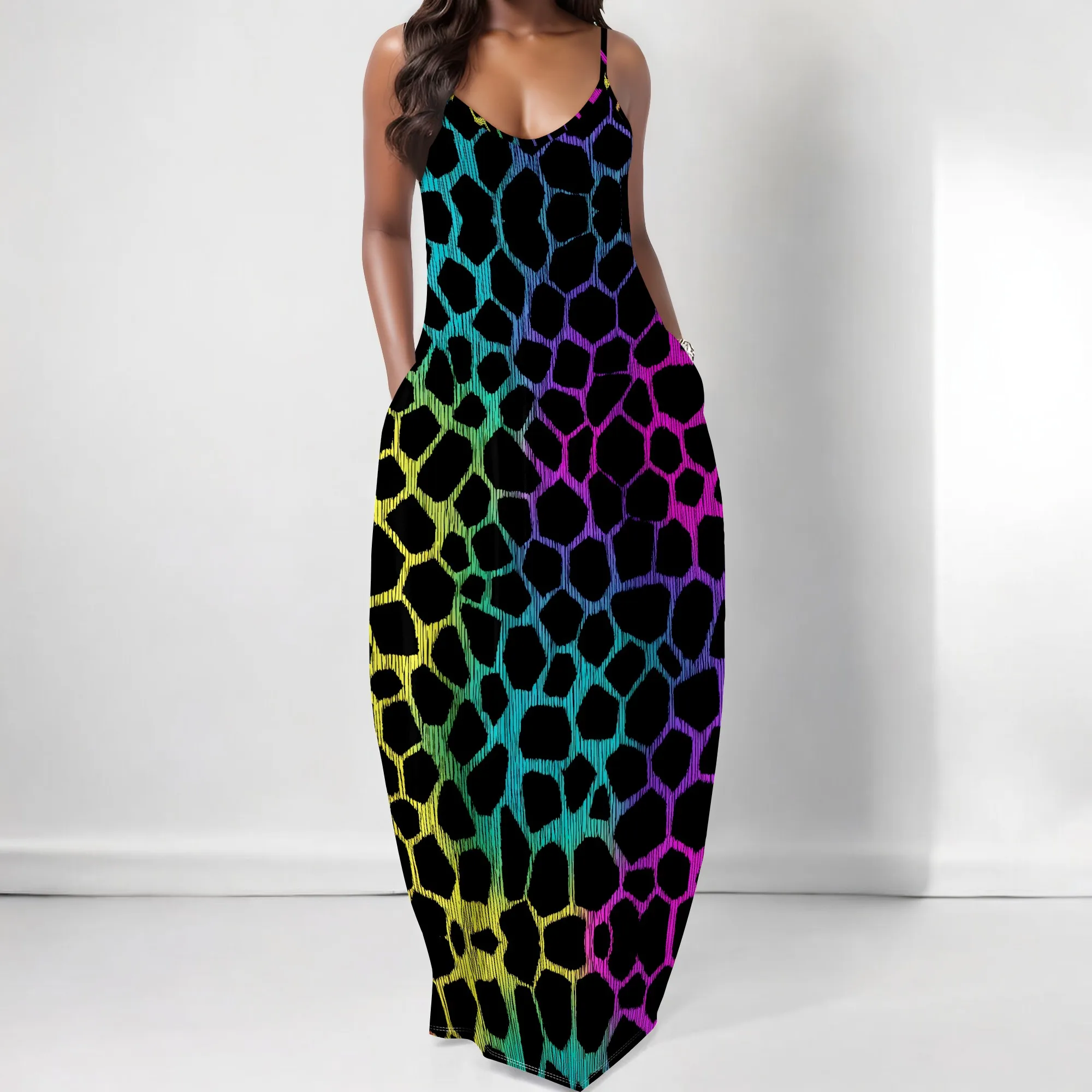 

Boho Print Maxi Dress Women Casual Spaghetti Strap Pockets Loose Fit Beach Holiday Dress 2025