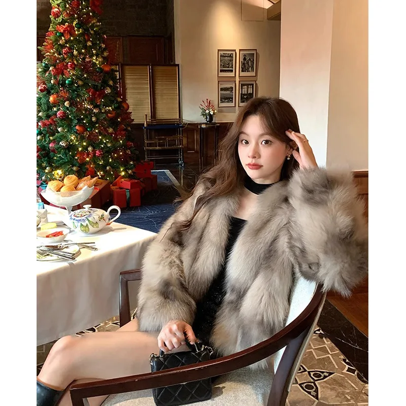 معاطف نسائية من فرو الثعلب الصناعي سترات قصيرة متينة Rende سميكة بياقة على شكل V وأكمام طويلة مغطاة بأزرار فضفاضة مناسبة غير رسمية لخريف وشتاء 2025 #3