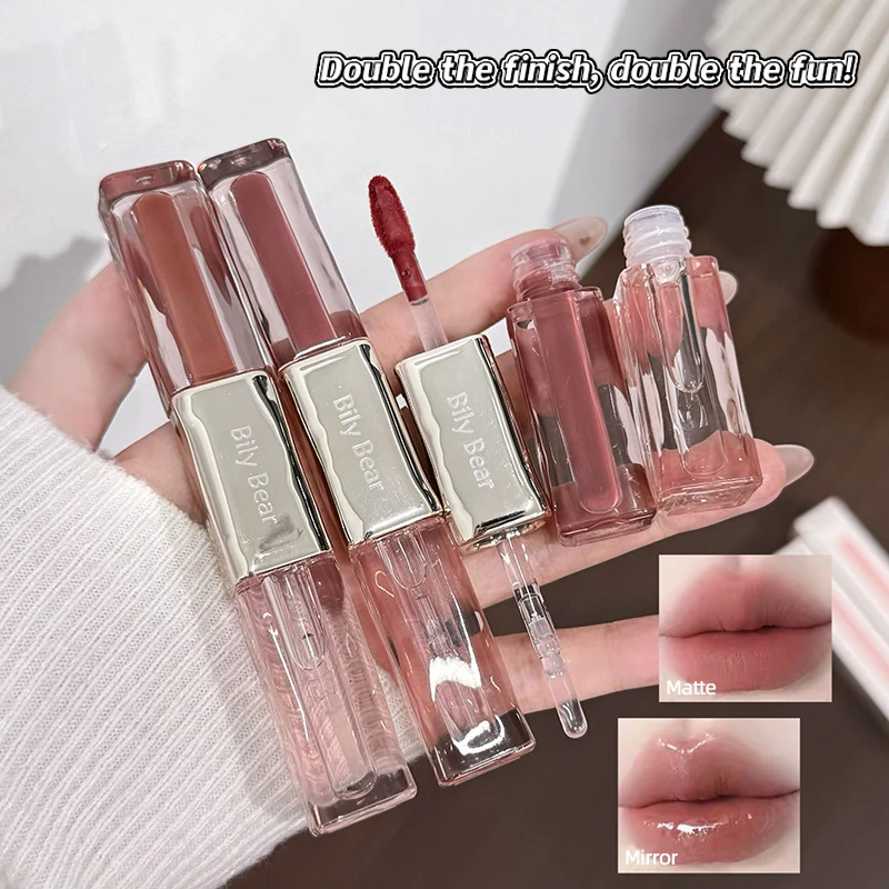 Color Holding Double Headed Lip Gloss (Matte Mirror Finish, Double-Layer Lip Makeup, Girls' Korean Makeup Does Not Fade in Daily