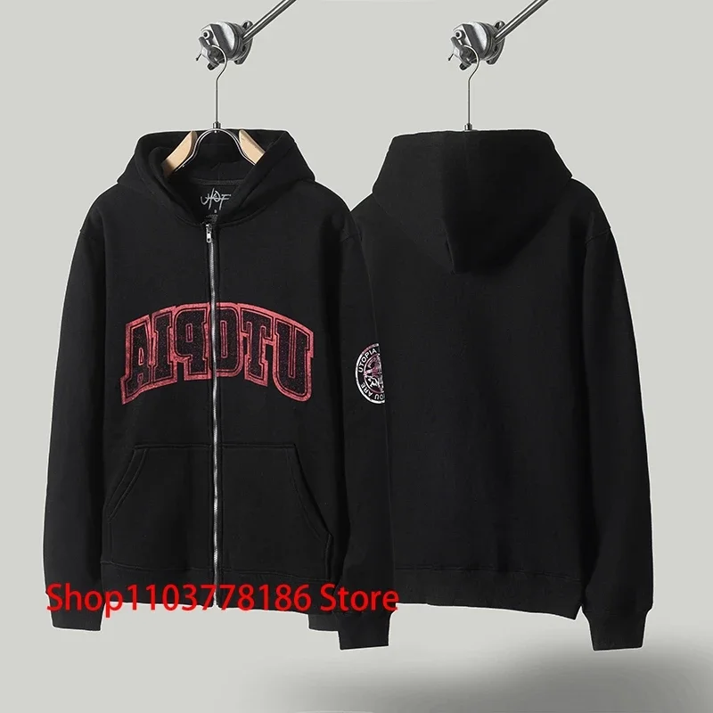 Winter New Cactus Jack Hoodie Reverse Letter Print Pocket Zipper Plus Fleece Hooded Sweatshirt UTOPIA Hoody Streetwear Men