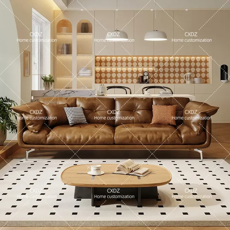 Dinglicheng floating cloud leather sofa living room Italian light luxury retro style brown down sofa straight row 2024 new