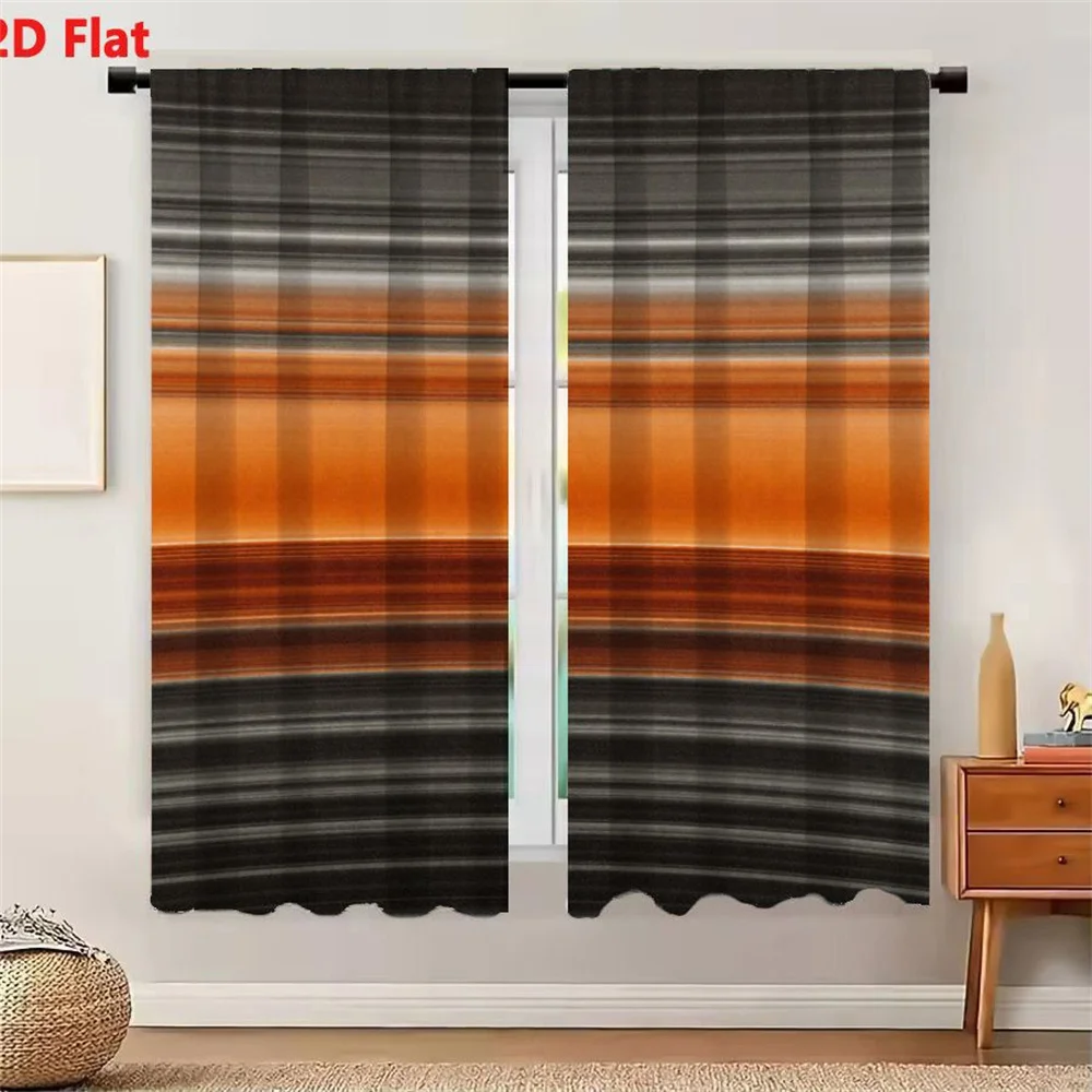 2Pcs Curtains 2D Flat Horizontal Curved Lines Gradient Pattern With Gray Brown Orange Bands Symmetrical Wave Design Polished Smo