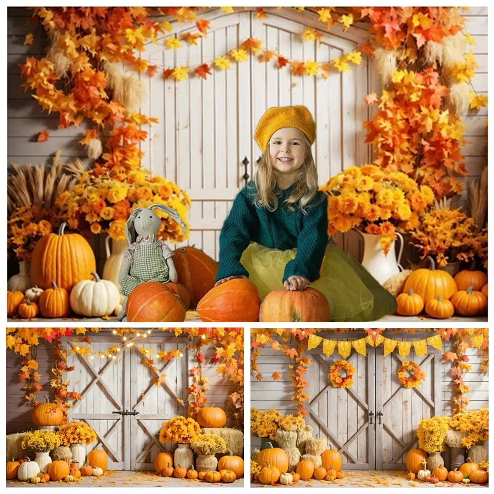 

Autumn White Wooden Door Backdrops Fall Pumpkins Bumper Harvest Maple Leaves Farm Barn Kid Adult Portrait Photography Background