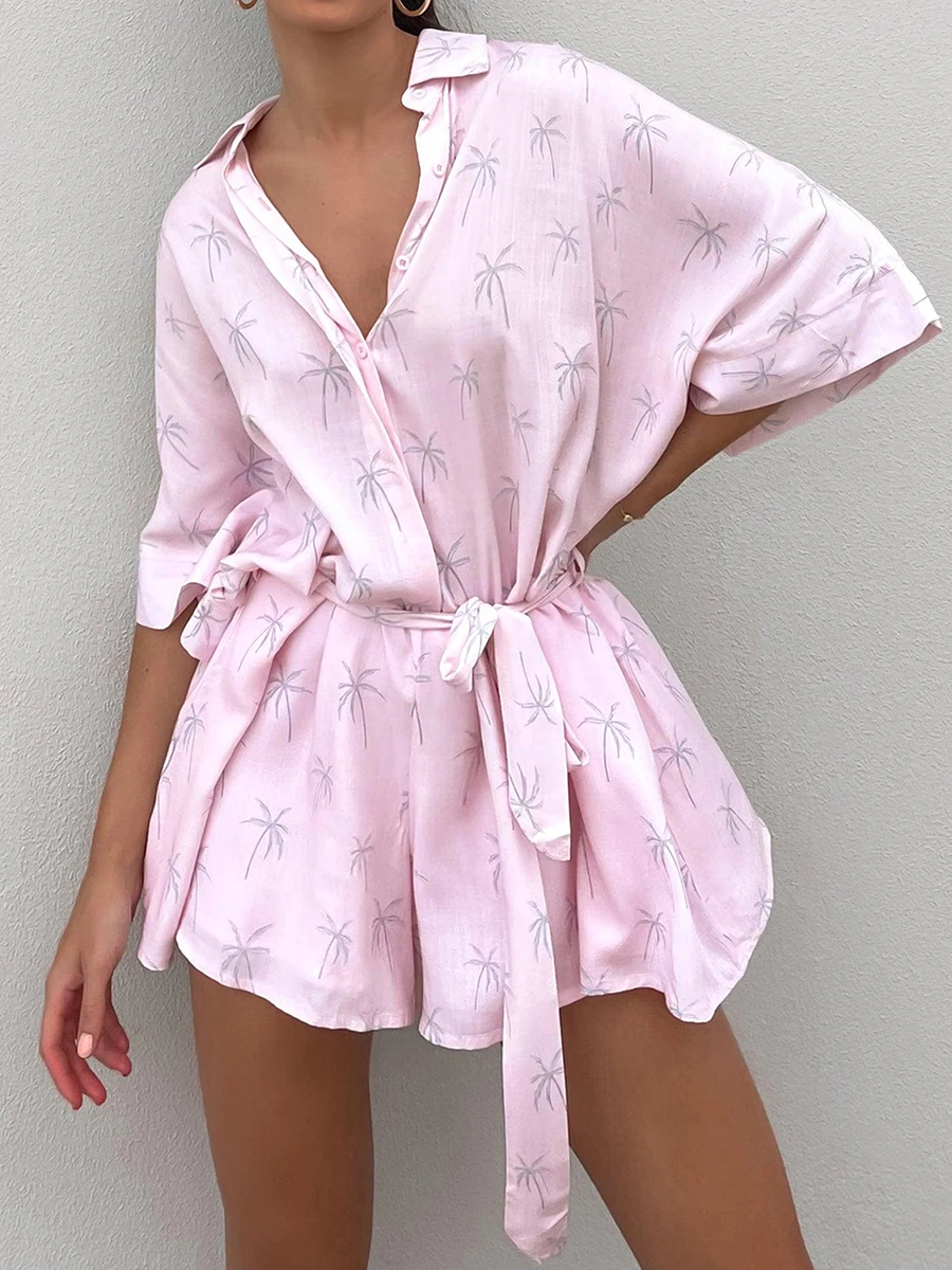 Women\'S Summer Shirt  Printed Shorts Jumpsuit Heart-Shaped/Tree Shaped/Dot Printed Sleeve Lapel Button Dwon Loose Jumpsuit