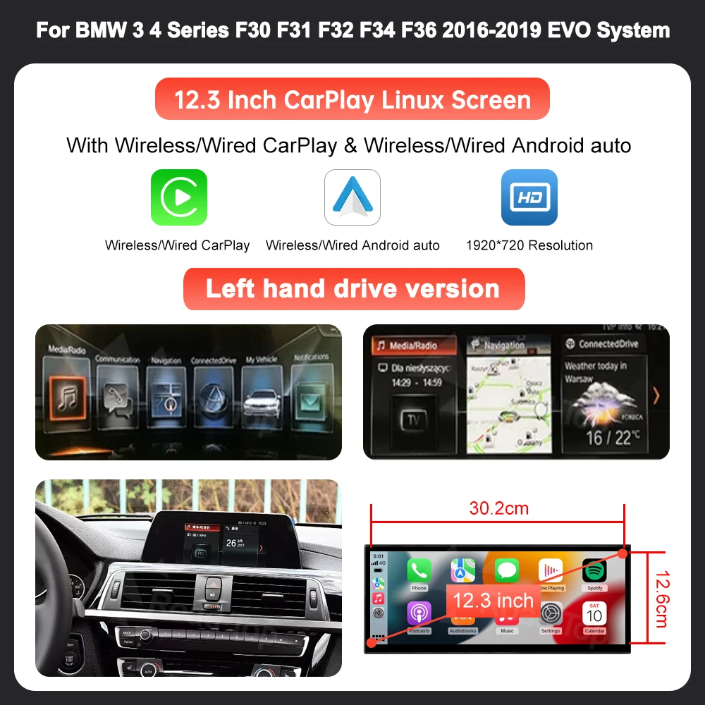 12.3 ''Draadloze CarPlay Auto Multimedia Scherm Voor BMW 3 4 Serie F30 F31 F32 F33 F34 F36 NBT EVO met Android Auto
