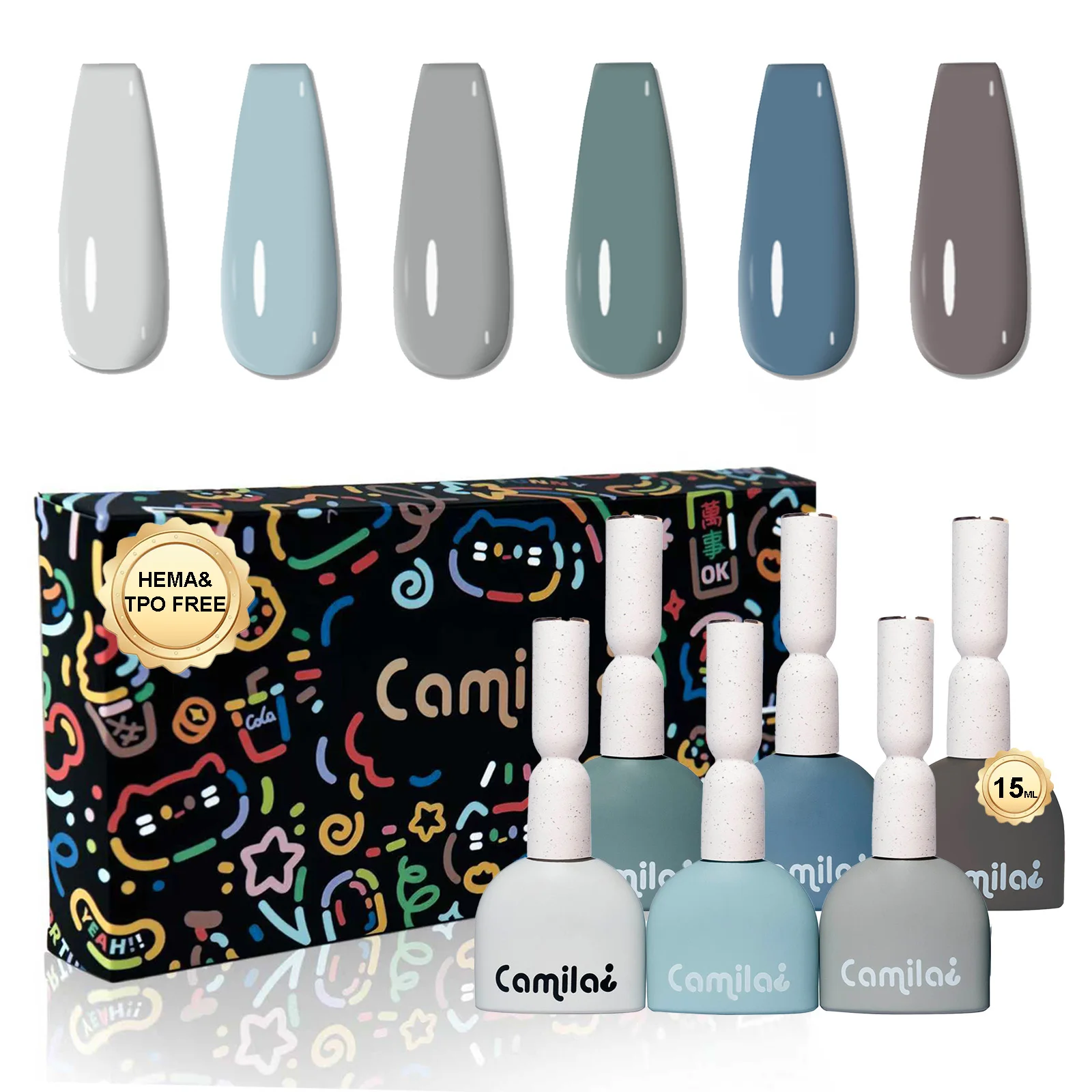 カミラ-6個入り-15ml-ライトグレー-カラーフリー-ヘマ＆tpoフリー-ジェルネイルポリッシュキット-ソークオフジェルポリッシュ-マニキュアサロン-女性用セットa