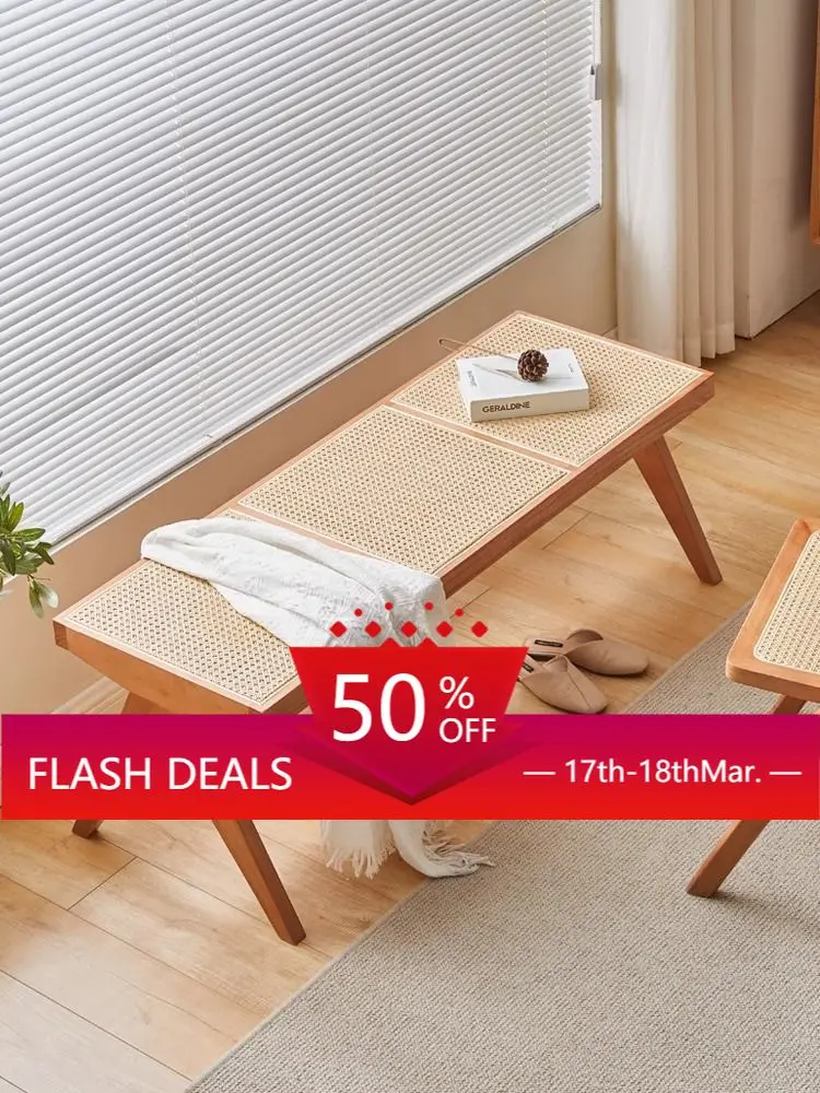 Handmade Rattan Bench with Wabi - Sabi Flair: Solid Wood, Multifunctional for Home & Shoe Storage