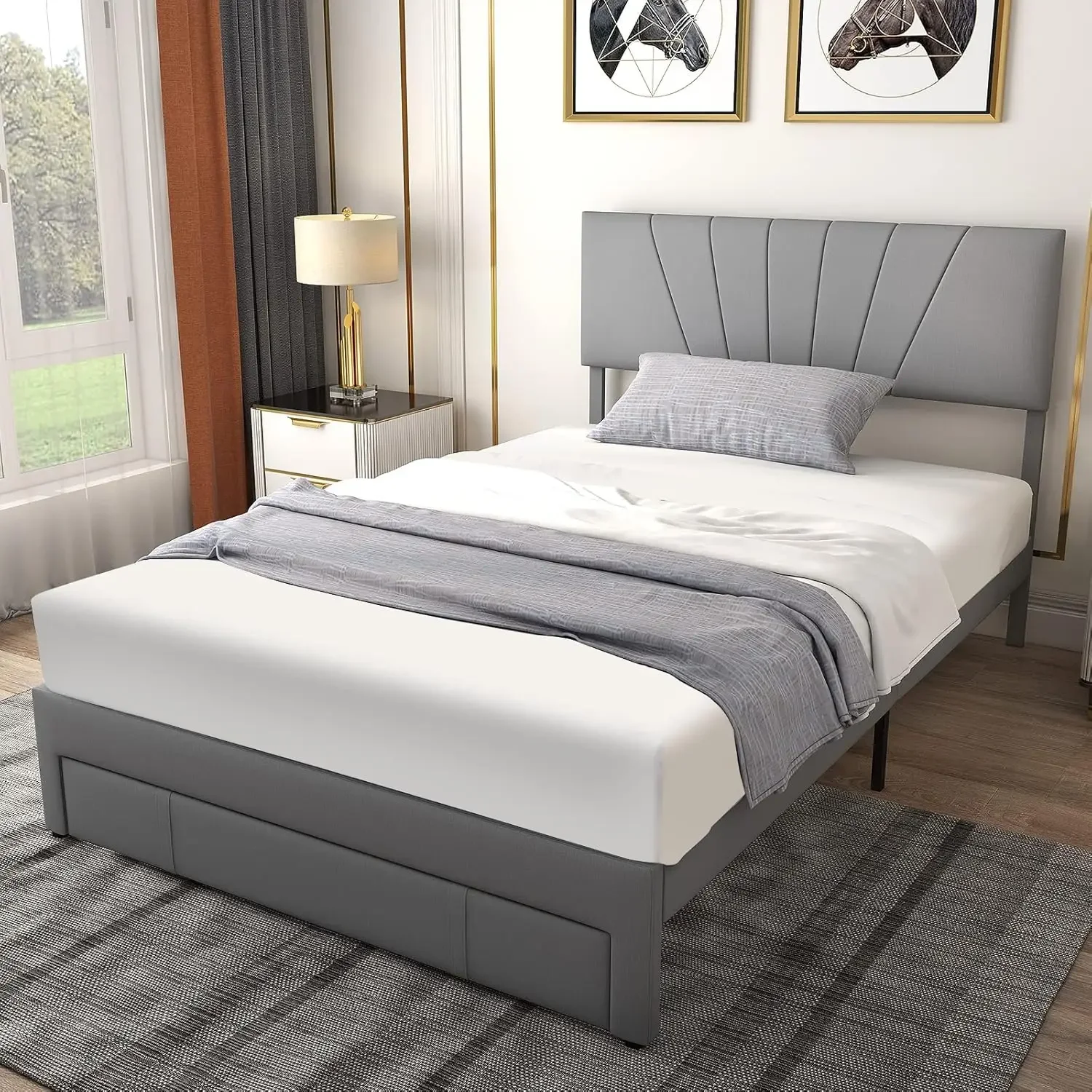 Upholstered Full Bed Frame with Drawer, Modern Platform Bed with Storage & Adjustable Headboard, Wooden Slat Support Mattress Fo