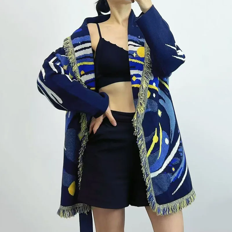 Cardigan feminino com franjas jacquard e gola frontal, jaqueta suéter casual elegante, jaqueta de alta qualidade, inverno, recém-chegado,