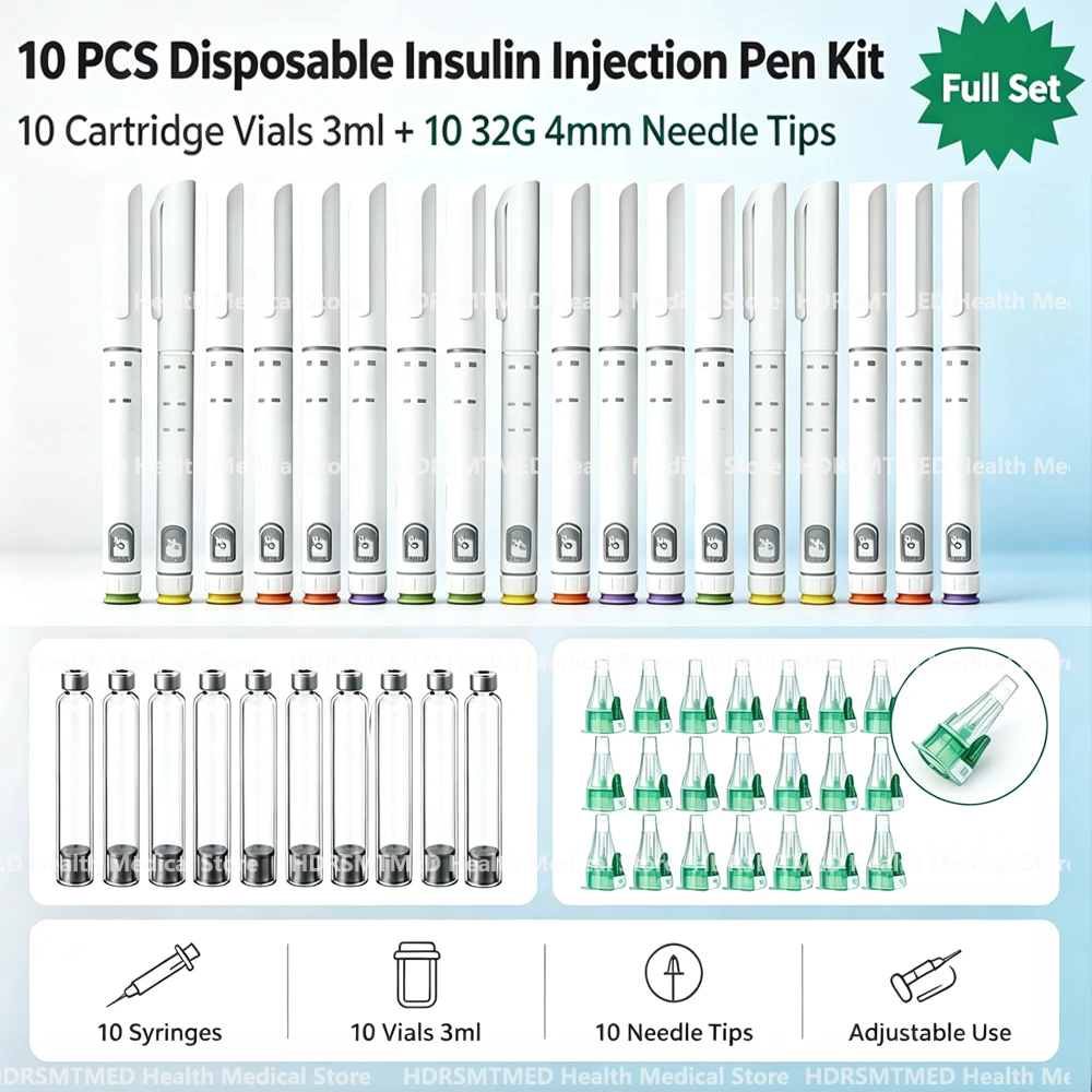 10set Disposable Sterile Injection Pen Insulin Injection Pen Adjustable Growth Hormone Dose 60U with 3ml Cartridges+4mm Pen Tip