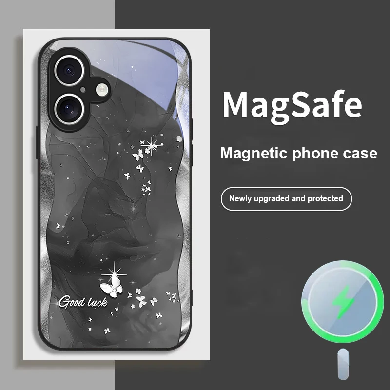 

Elegant Butterfly Form For Magsafe iPhone 17 Pro Max 16E 15 Pro 14 13 Plus 12 mini 11 XR Xs X 7 8 16 17 Air Glass Phone Case