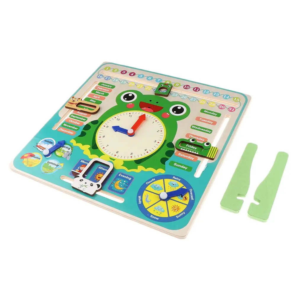 

Kids Wooden Calendar Clock Toy Multi Function Early Learning Educational Time Weather Board