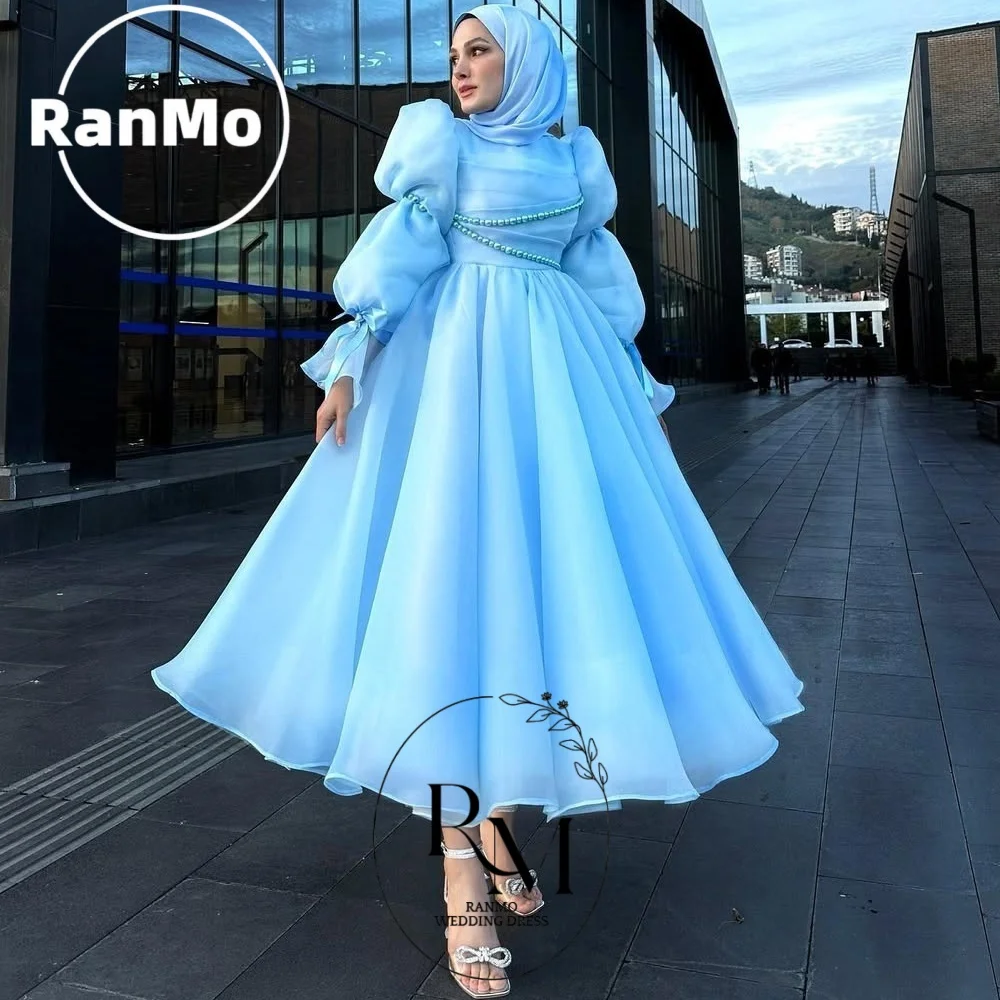 

Ranmo Modest 2026 Sky Blue Organza Prom Evening Dresses Muslim Arabic Dubai Women Long Sleeves High Neck Formal Prom Party Gowns