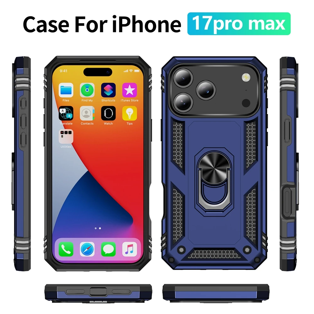 Luxuriöse Stoßfeste Schutzhülle für iPhone 17 17e 16e 16 15 14 13 12 11 Pro X XR XS Max 8 7 6 Plus mit Metallring-Halterung – Detail 12
