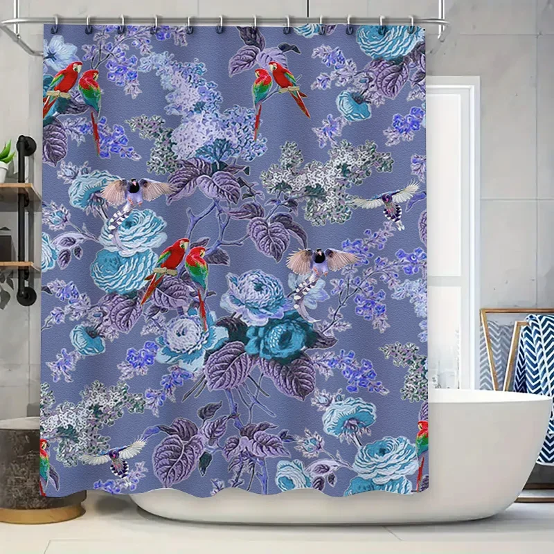 

Artistic Blue Floral Shower Curtain Set for Bathroom Decor Luxury Design Bath Rug and Accessories Kit Included