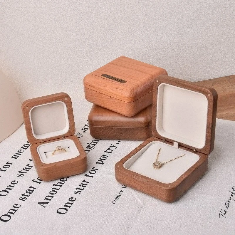 Portable Walnut Solid Wood Jewelry Box Vintage Square Velvet Ring Necklace Holder Engagement Wedding Proposal Gift