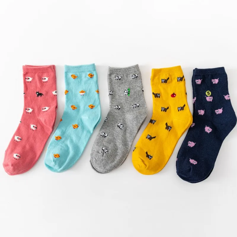 5 Pairs Women Cat Print Mid Tube Socks Fashionable Multi-Color Cartoon Patterns That Soft Comfortable Breathable Casual Socks image 5