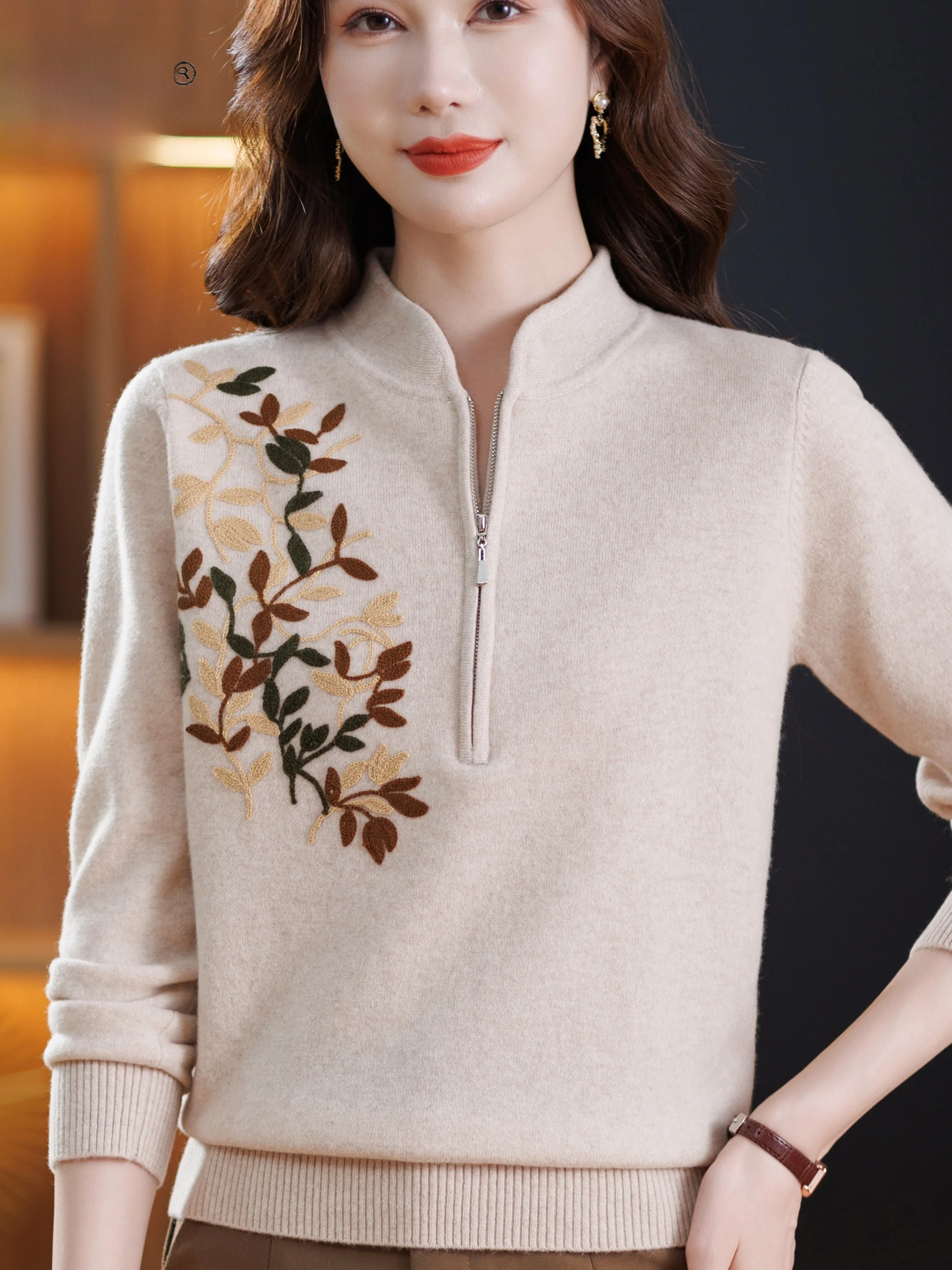 

Ele вышитая молния воротник-стойка шерстяная основа irt женская мода осень-зима новый китайский топ Materni