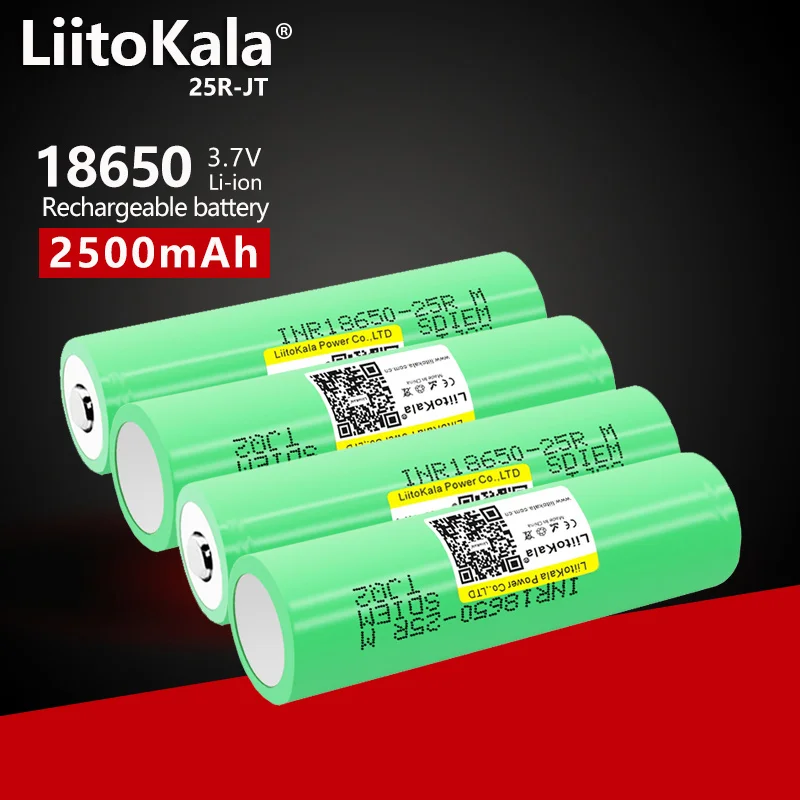 4PCS LiitoKala 25R 3.7V 18650 2500mAh Lithium Battery 20A 30A Discharge INR18650-25R Batteries for Flashlight Flat Head