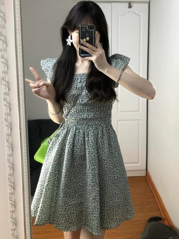 Abiti floreali Donna Prairie Chic Design Semplici Studenti Estate Mini Abiti Manica volante Pieghe dolci Tempo libero Stile coreano Ins