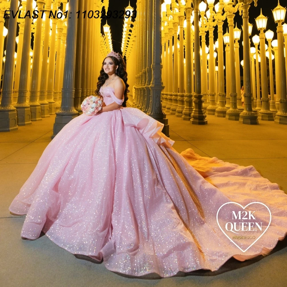 

EVLAST индивидуальное блестящее розовое бальное платье 2025 года, платье Quinceanera с аппликацией, украшенное кристаллами и бисером, многоуровневое сладкое платье 16, Vestidos De 15 Anos E1QN86