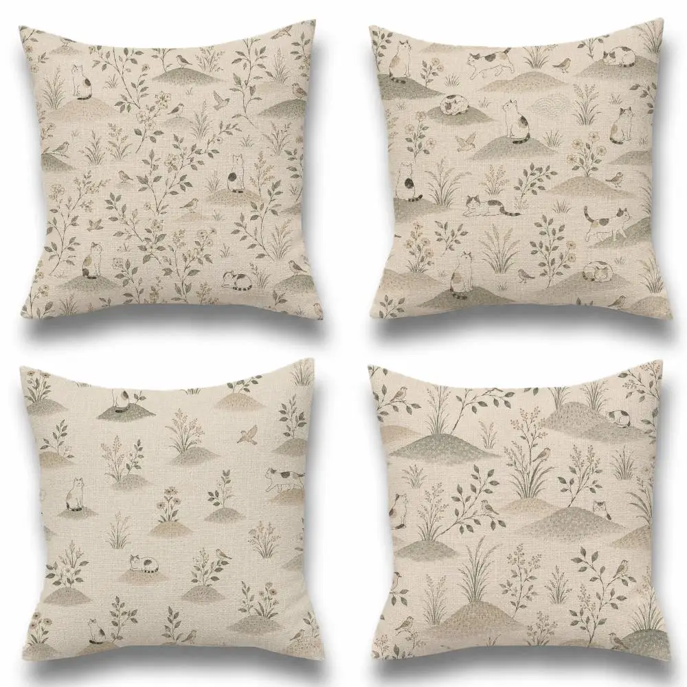 Pattern Japanese Natural Hand-drawn Cushion Cover Natural Linen Breathable Cushion Covers Sofa Bedroom Decor Pillowcase