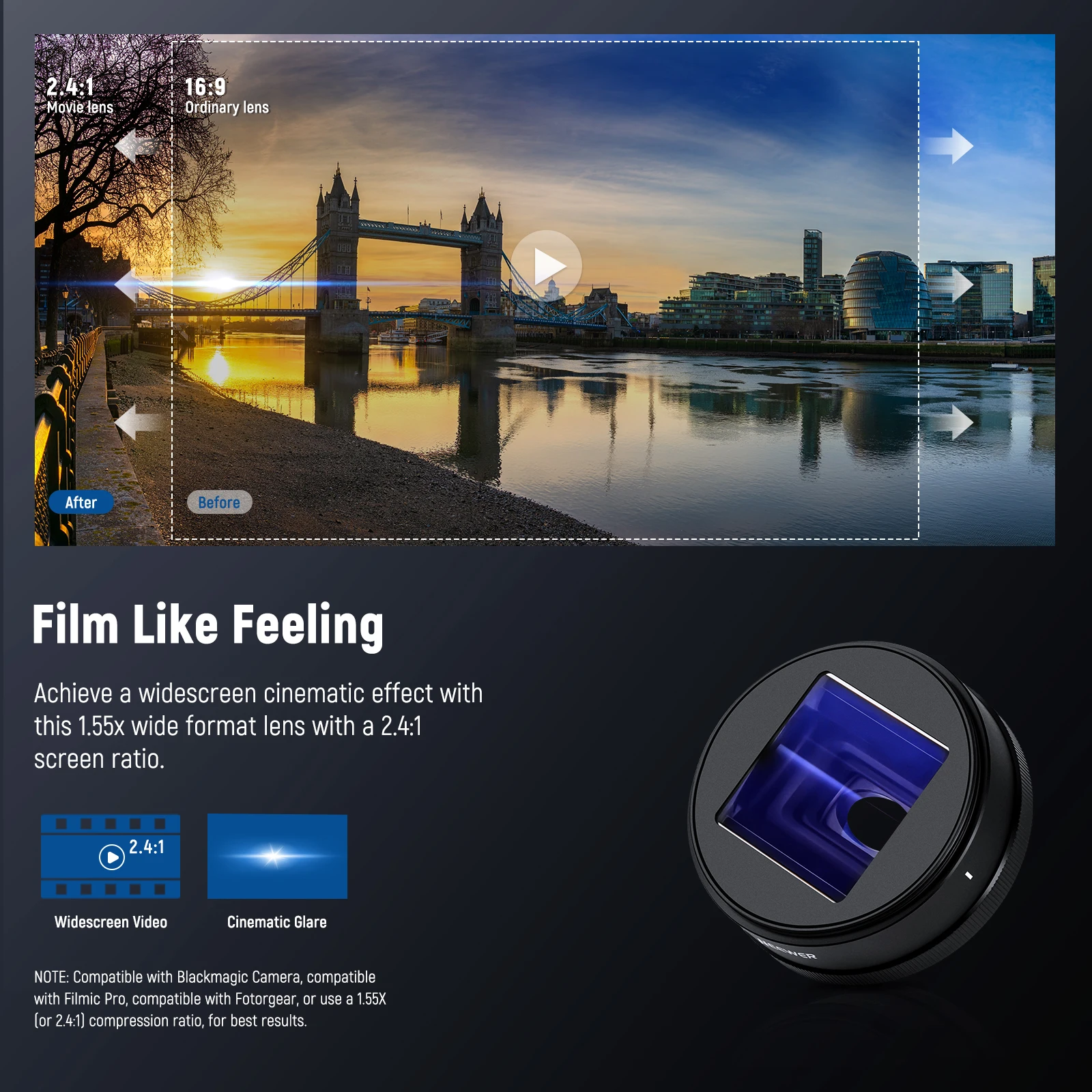 Neewer 1.55X Anamorphic Phone Lens Only for 17mm Thread Backplate For iPhone Samsung Phone Cage with 67mm Filter Adapter Ring