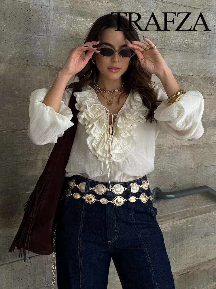 TRAFZA Women Elegant Casual Shirts Solid V-Neck Lantern Long Sleeves Tierred Decorate Lace-Up Top Female Fashion Blouses Shirts