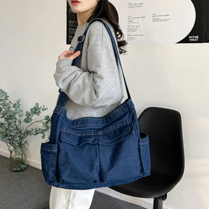 Denim Crossbody Bags for Women Japanese Style Unisex Casual Pocket Books School Bag for Students Shoulder Bags Large Jeans Bag