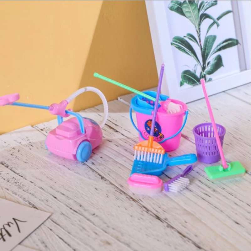 9Pcs Dollhouse Mini Mop Broom Toys Cleaning Tools Kit Model For Doll House Decoration Accessories Kids Pretend Play Toys