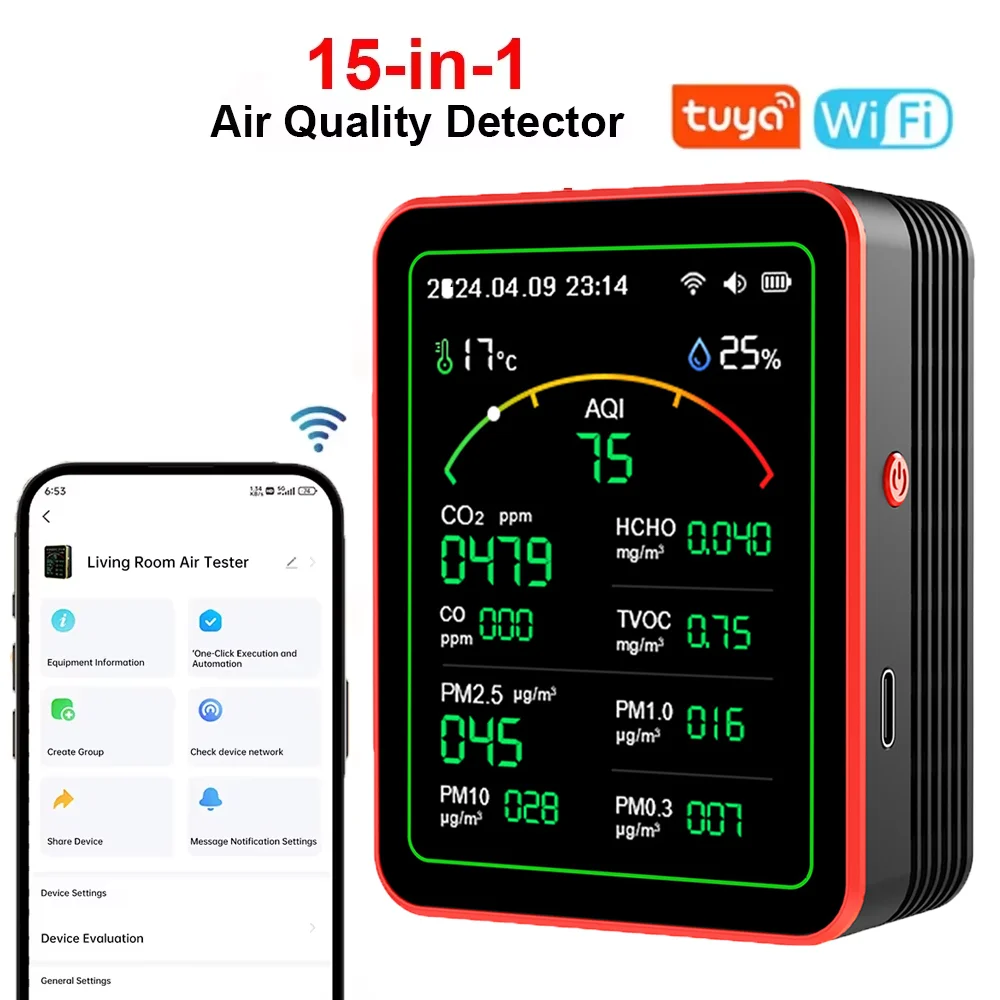 Tuya WiFi 15 in 1 Air Quality Detector Carbon Dioxide Monitor PM0.3 PM1.0 PM2.5 PM10 Formaldehyde CO2 Tester Temperature Meter