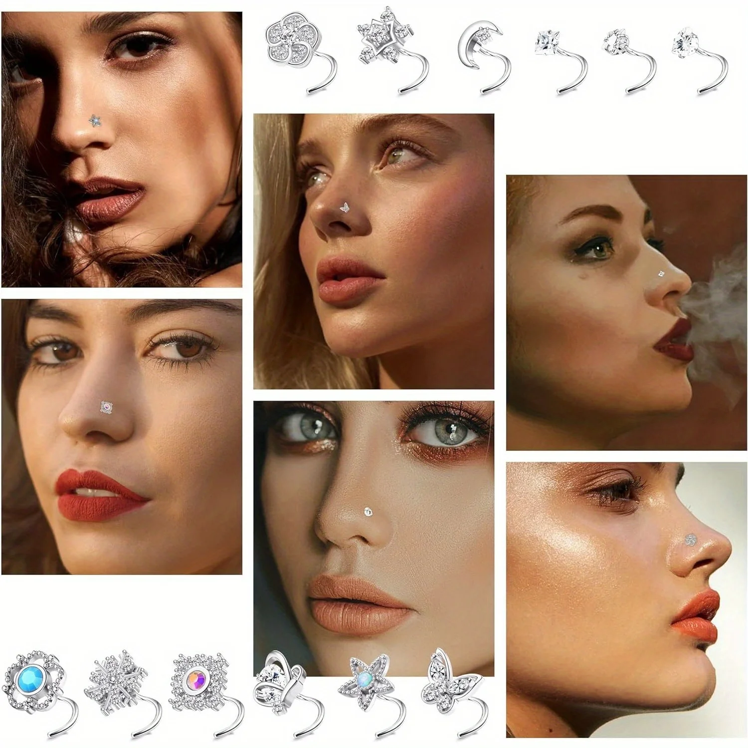 FINREZIO 1Pc 20G Stainless Steel Nose Rings Stud for Women Screw L Shaped Nose Studs CZ Moon Star Flower Butterfly Nose Piercing