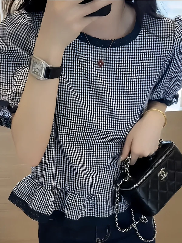 plus Size Women's irt Summer 2025 Plaid ort Sve Loose Belly Cover Sli Commute Korean Sle Bubble Sve Regular L...