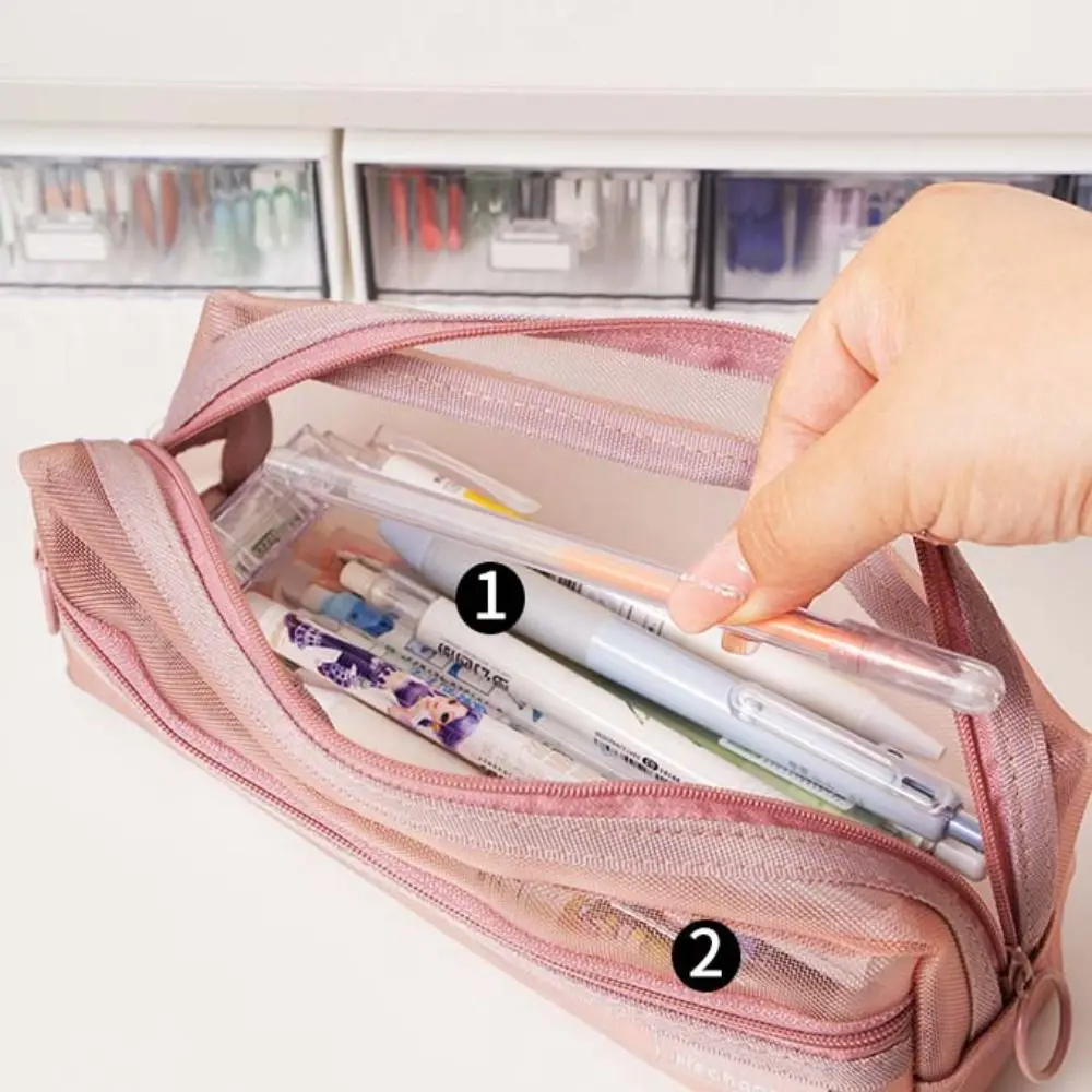 Trousse à Crayons en Maille Double Couche, Rétro, Grande Capacité, Transparente, Cosmétique, Rangement, Fermeture Éclair, Papeterie