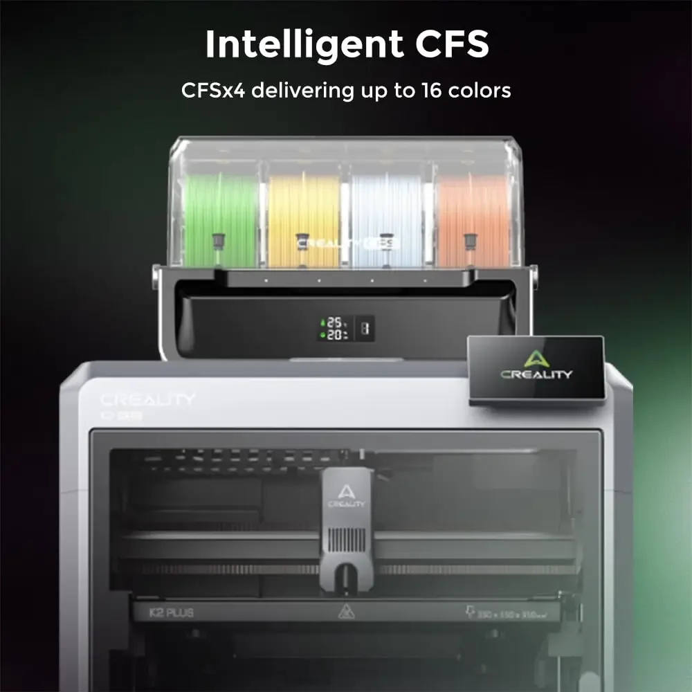 طابعة Creality K2 Plus Combo /Hi Combo ثلاثية الأبعاد مع CFS 16 لونًا طباعة متعددة الألوان سرعة الطباعة 600 مم / ثانية كاميرات AI مزدوجة