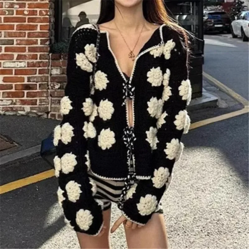 

Fashion 3D Flower Knitted Cardigan Women Contrasting Lace Up Wool Cashmere Sweater Hollow Crochet Knitwear