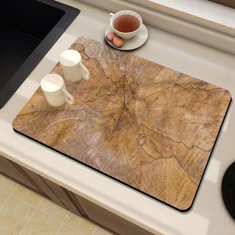 Wood Grain Drain Pad Mat Kitchen Antiskid Draining Coffee Dish Drying Quick Dry Bathroom Drain Pad Tableware Mats Decoration